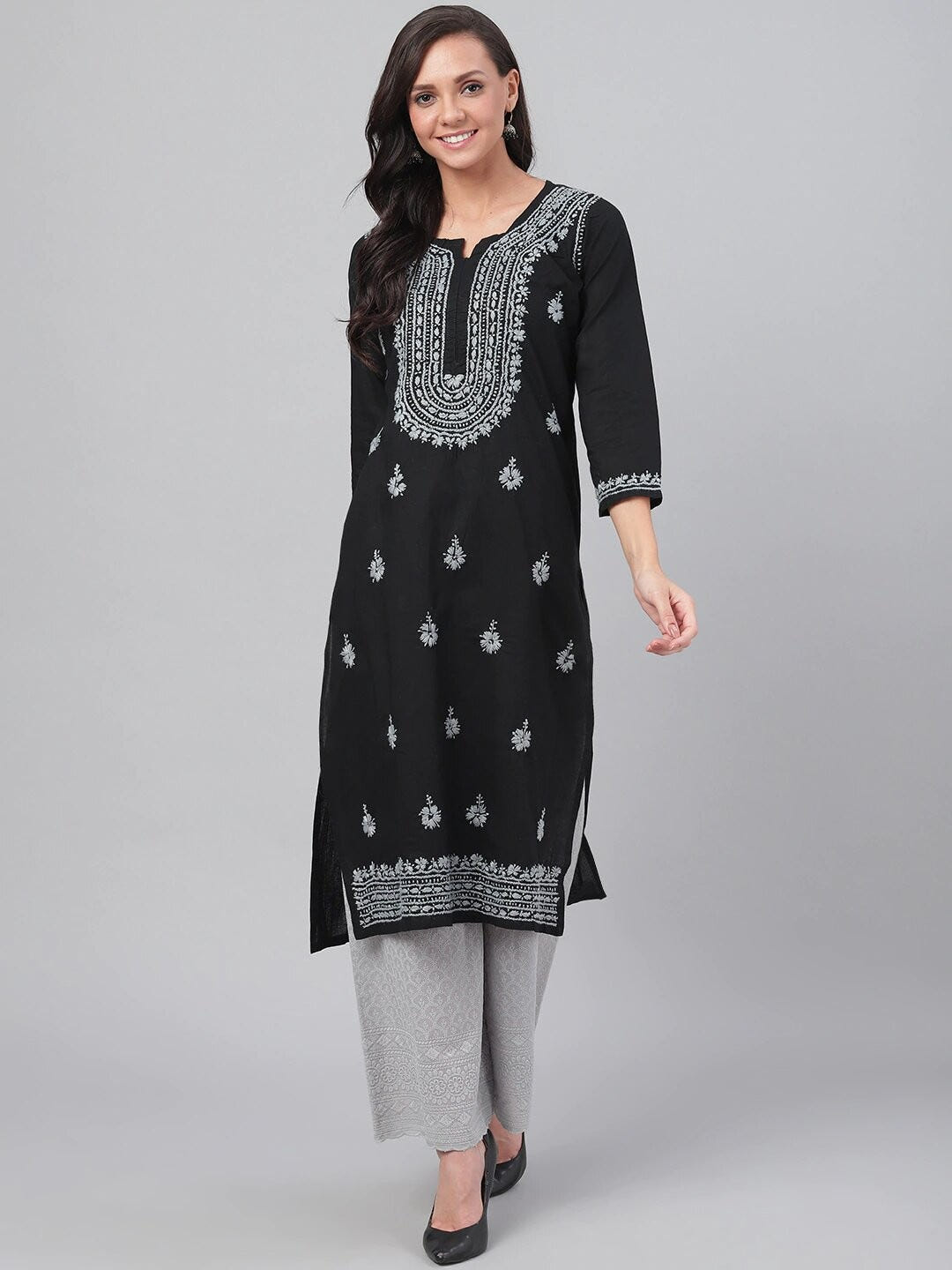 Ada Hand Embroidered Black Cotton Lucknowi Chikankari Kurta A396432