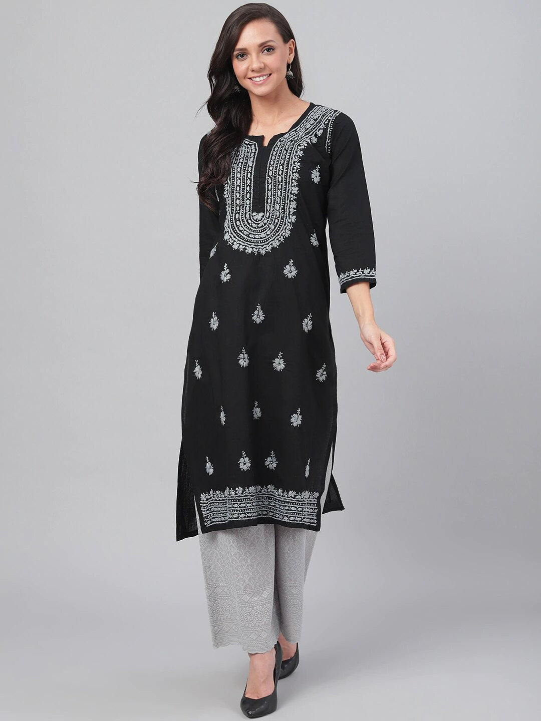 Ada Hand Embroidered Black Cotton Lucknowi Chikankari Kurta A396432