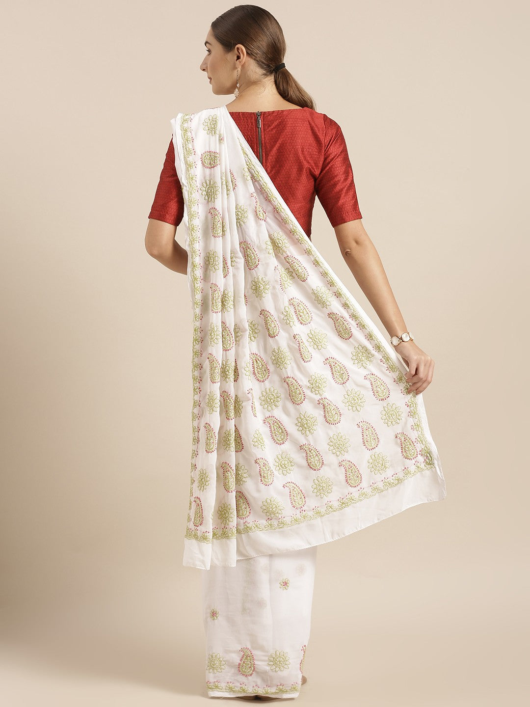 Ada Hand Embroidered White Georgette Lucknow Chikan Saree with Blouse A100116