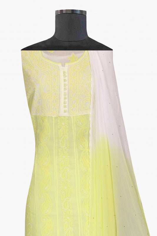 Ada Hand Embroidered Lemon Cotton Lucknowi Chikan Semi-stitched Suit Piece- A579191
