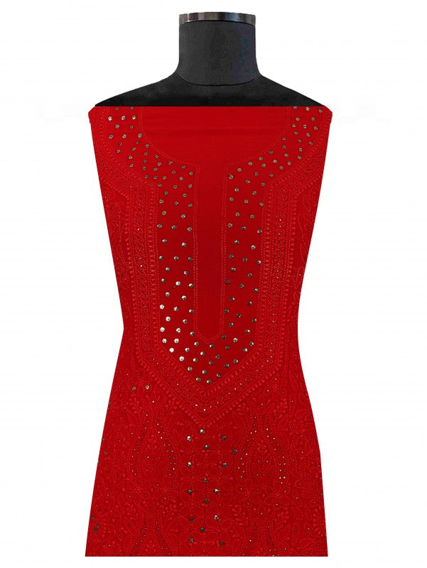 Ada Hand Embroidered Red Georgette Lucknowi Chikankari Unstitched Kurta Piece with Muqaish Work A511732