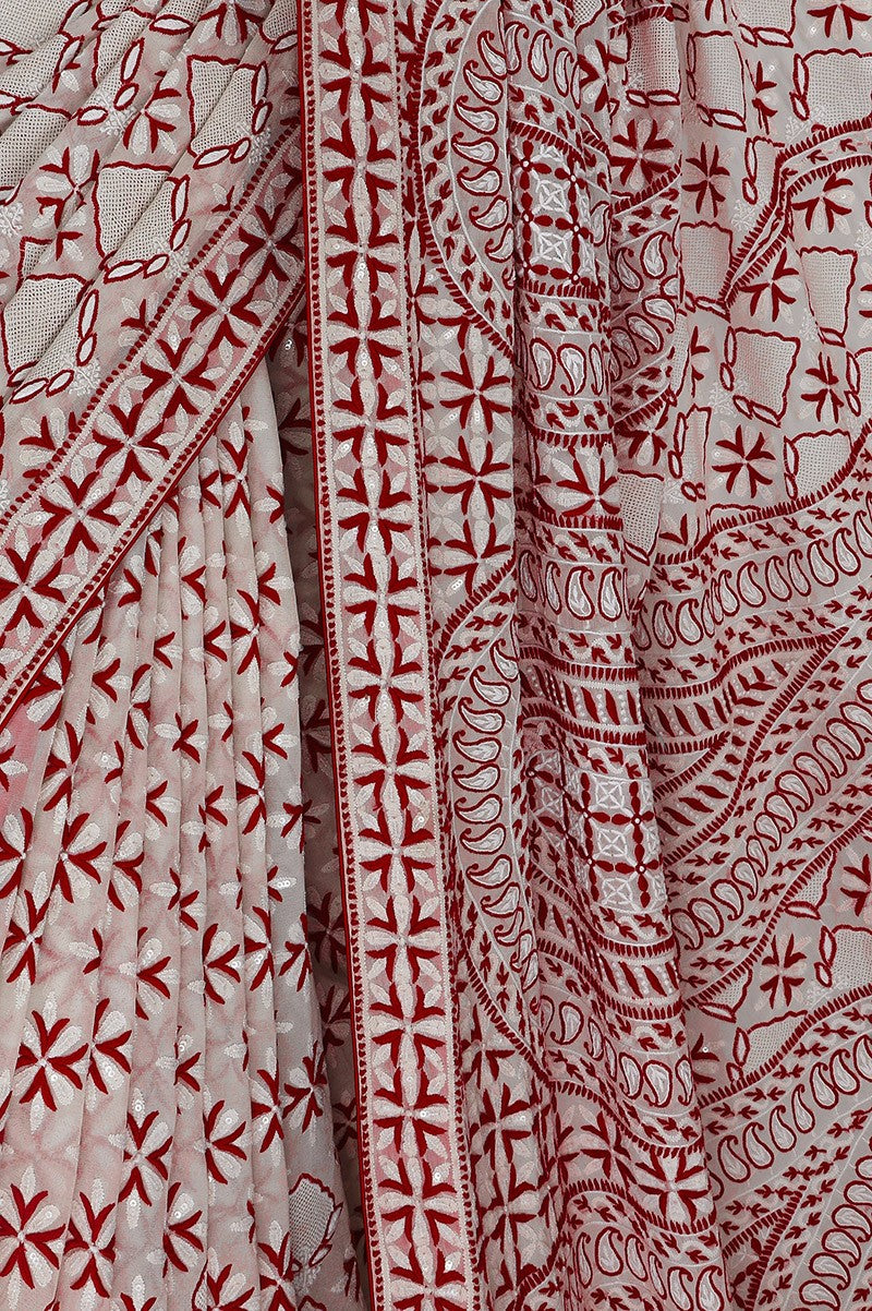 Ada Hand Embroidered White Pure Georgette Lucknowi Chikankari Saree /Blouse with Sequinned Work A98286