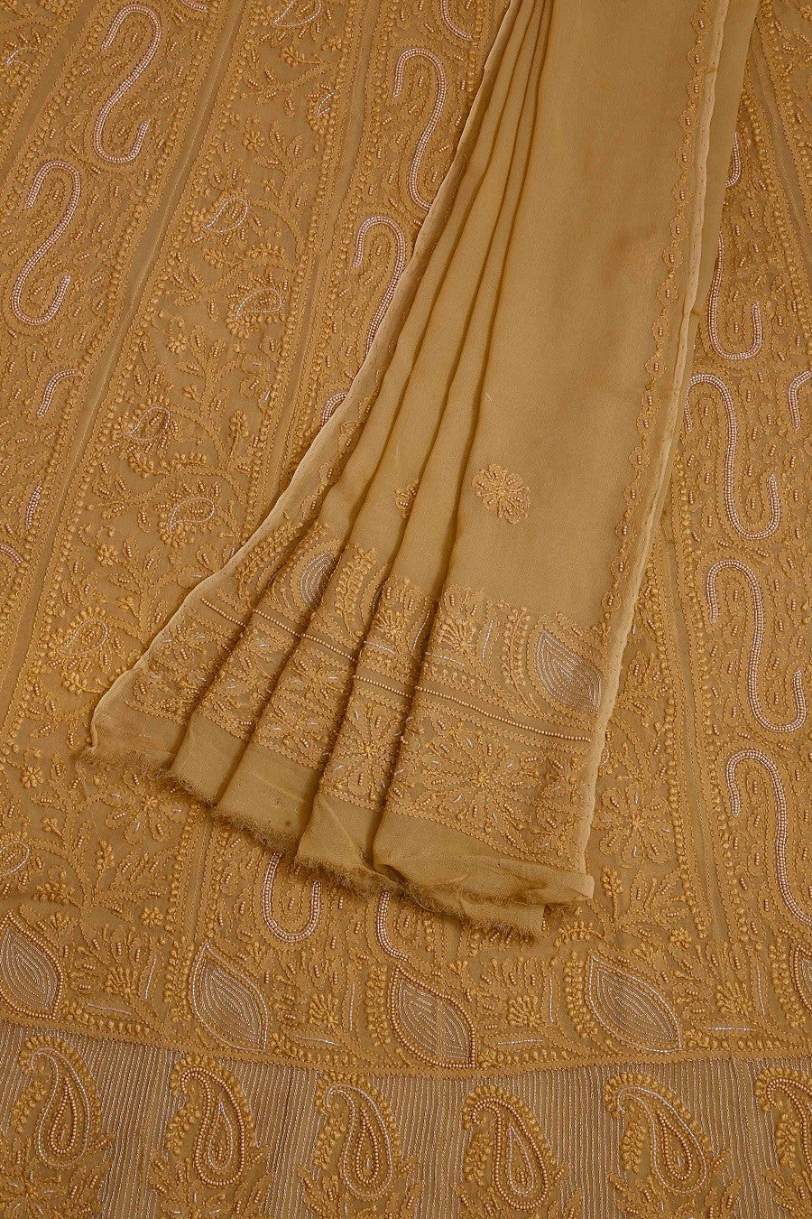 Ada Hand Embroidered Fawn Georgette Semi-stitched Anarkali Kurta Dupatta With Pearl Work- A484666