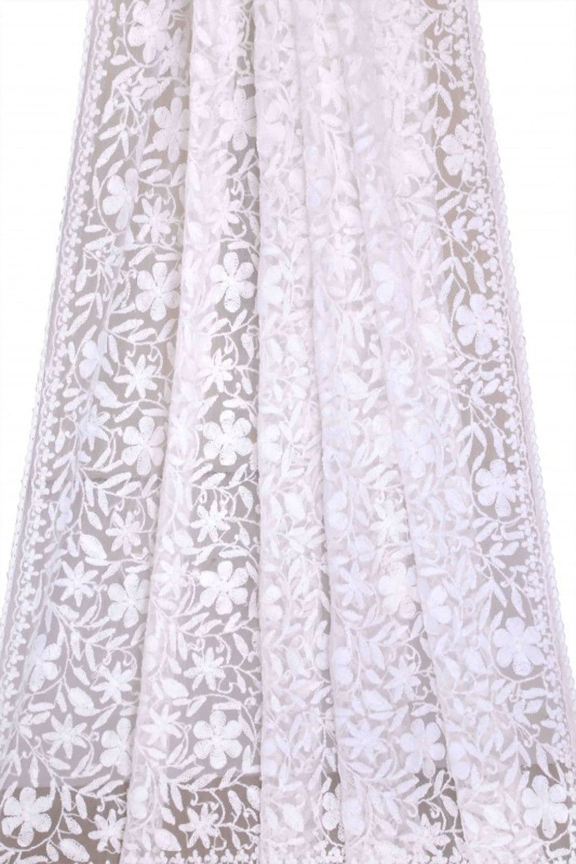 Ada Hand Embroidered White Net Lucknowi Chikankari Dupatta A567875