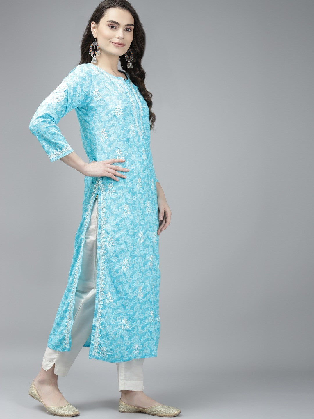 Ada Hand Embroidered Blue Cotton Lucknow Chikankari Kurta A411380