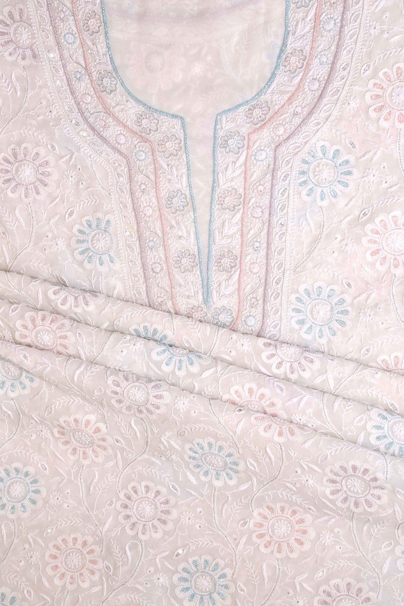 Ada Hand Embroidered White Pure Georgette Lucknowi Chikan Unstitched Kurta Dupatta Set With Pearl & Sequinnned Work-A453585