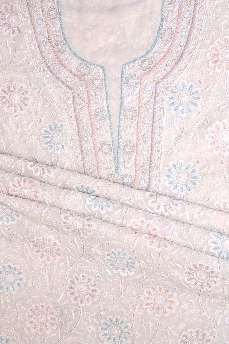 Ada Hand Embroidered White Pure Georgette Lucknowi Chikan Unstitched Kurta Dupatta Set With Pearl & Sequinnned Work-A453585