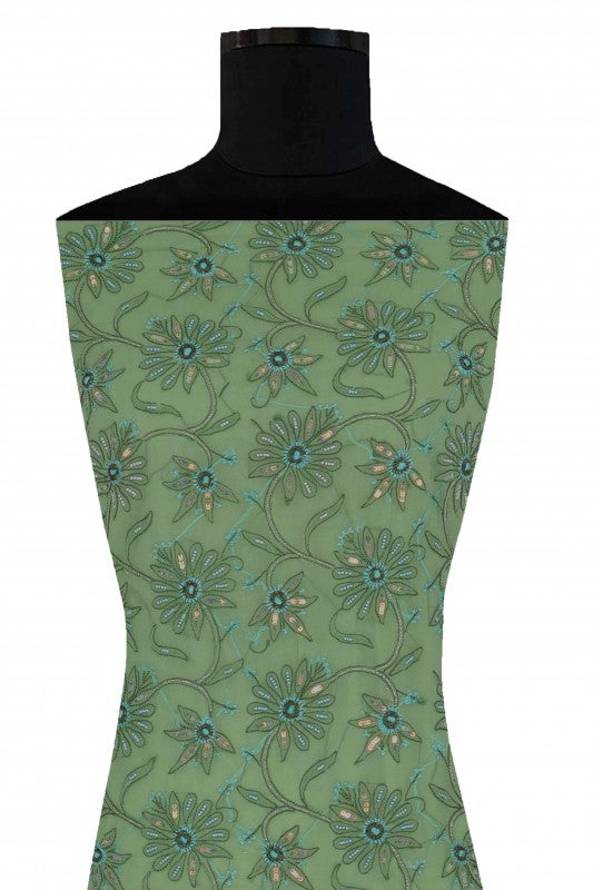 Ada Hand Embroidered Green Georgette Lucknowi Chikan Unstitched Kurta Piece with Pearl & Sequinned Work A31013