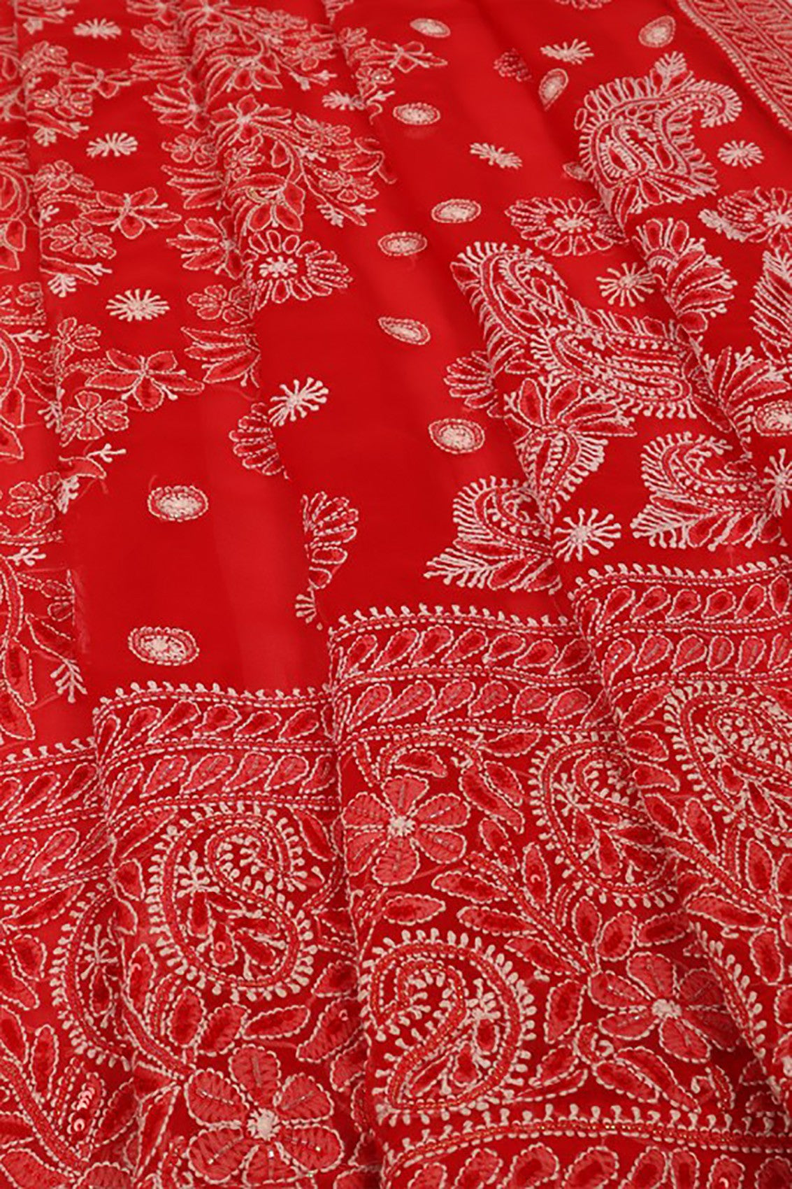 Ada Hand Embroidered Red Georgette Lucknowi Chikankari Saree/Blouse With Sequinned Work 01A53297