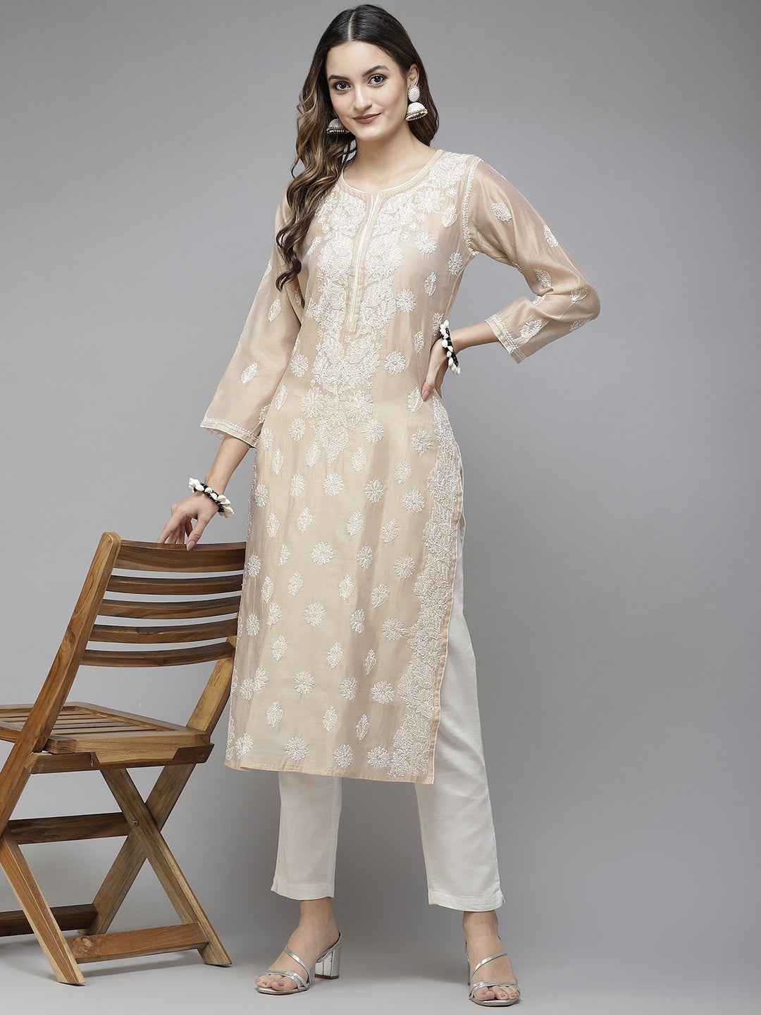 Ada Hand Embroidered Fawn Chanderi Lucknowi Chikan Kurta A411340