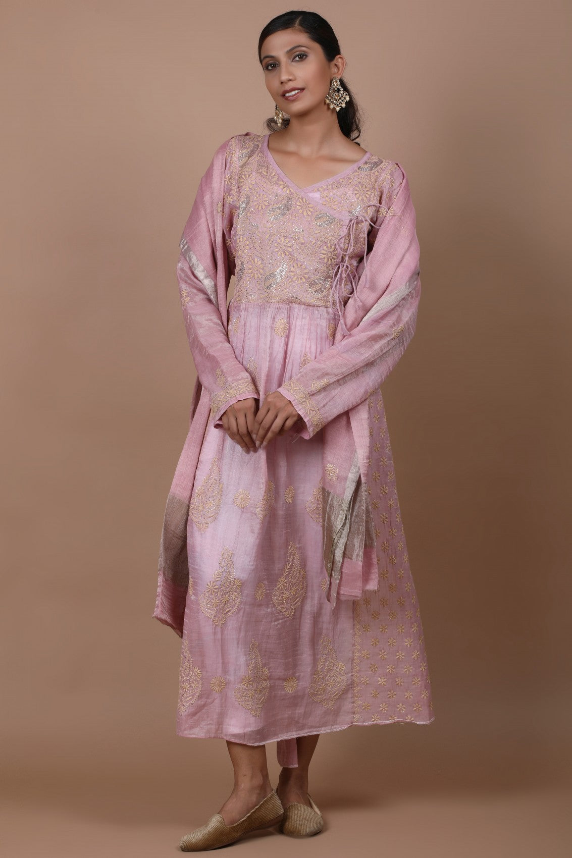 Ada Hand Embroidered Onion Pink Tissue Lucknowi Chikankari Semi-stitched Kurta Dupatta Set With Muqaish Work 01A238369