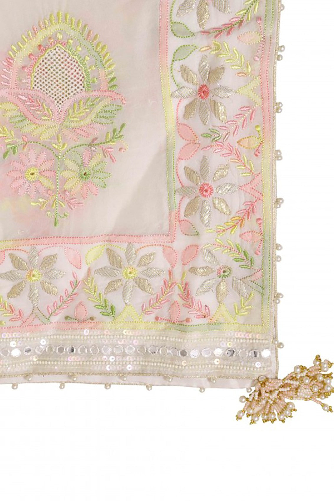 Ada Hand Embroidered Off White Organza Lucknowi Chikankari Dupatta With Gota Patti Work A600707