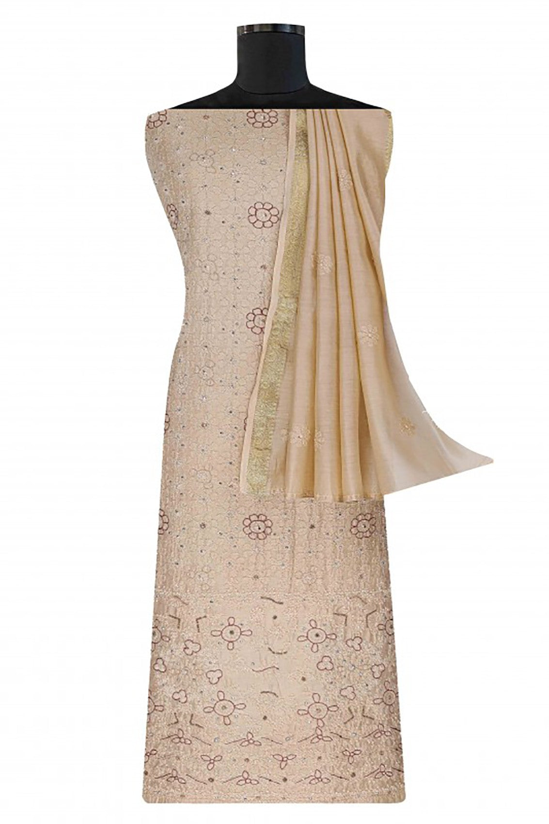 Ada Hand Embroidered Fawn Chanderi Lucknowi Chikankari Unstitched Kurta Dupatta A605701
