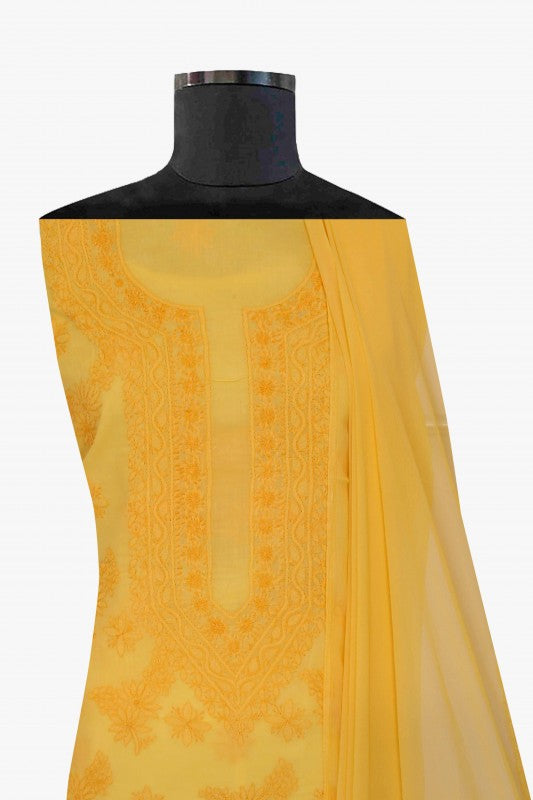 Ada Hand Embroidered Yellow Cotton Lucknowi Chikan Unstitched Suit Piece-A211143