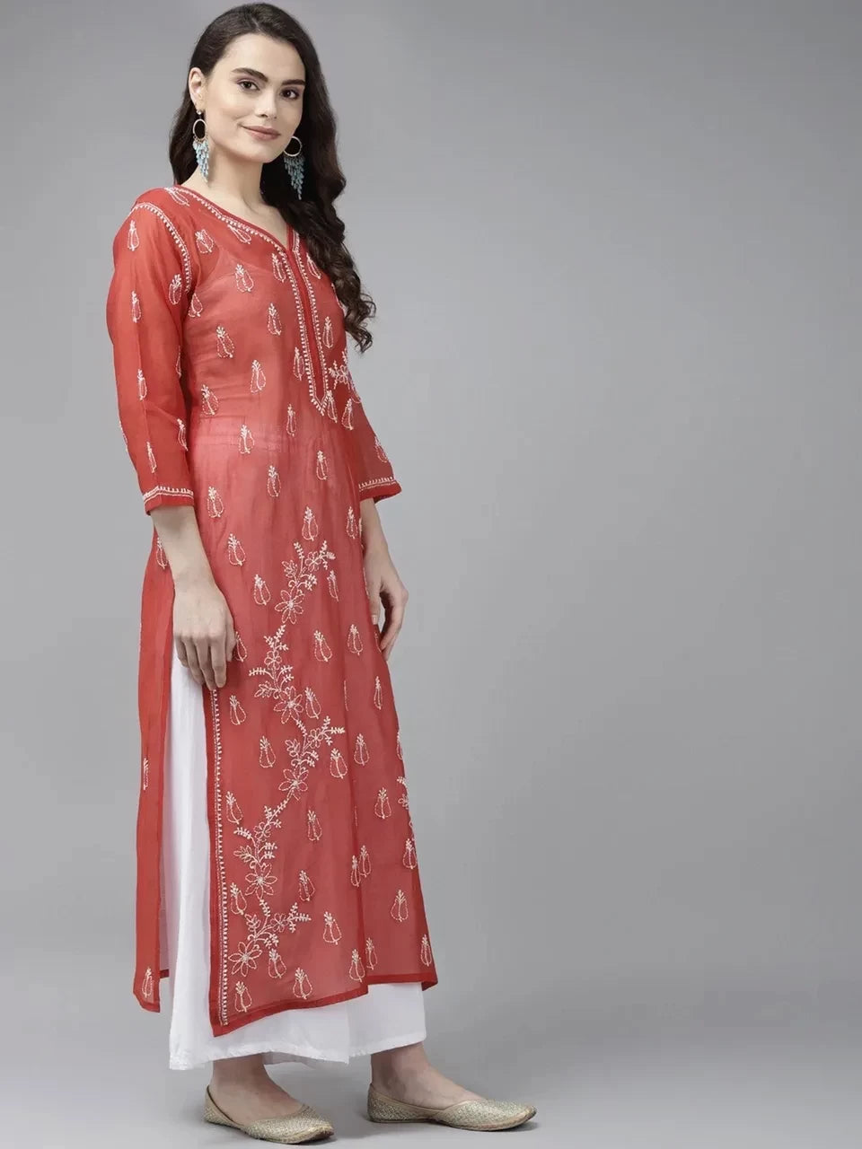 Ada Hand Embroidered Maroon Chanderi Lucknow ChikanKari Straight Kurta A411374