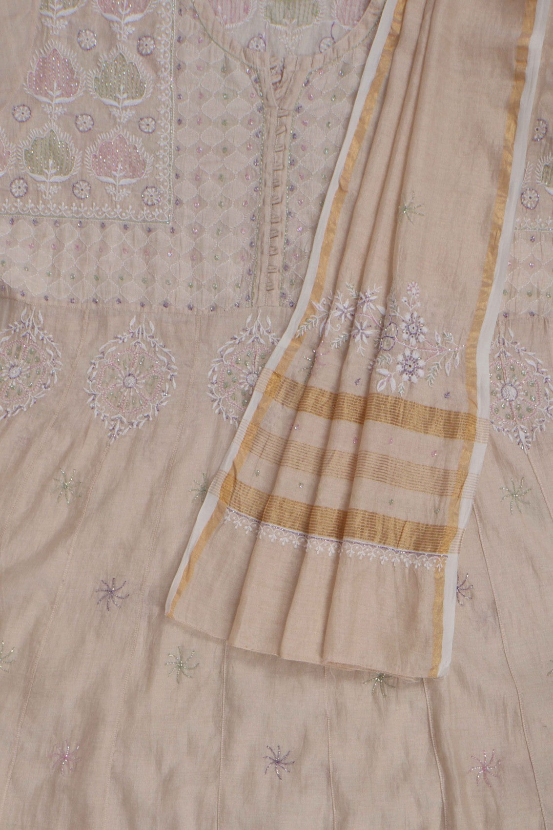 Ada Hand Embroidered Natural Fawn Tissue Lucknowi Chikankari Semi-Stitched Anarkali Kurta Dupatta Set With Cutdana Work 01A187880