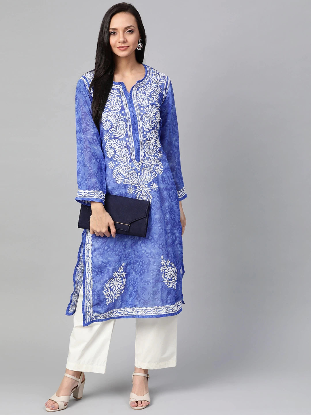 Ada Hand Embroidered Royal Blue Faux Georgette Lucknow Chikankari Kurta- A100462