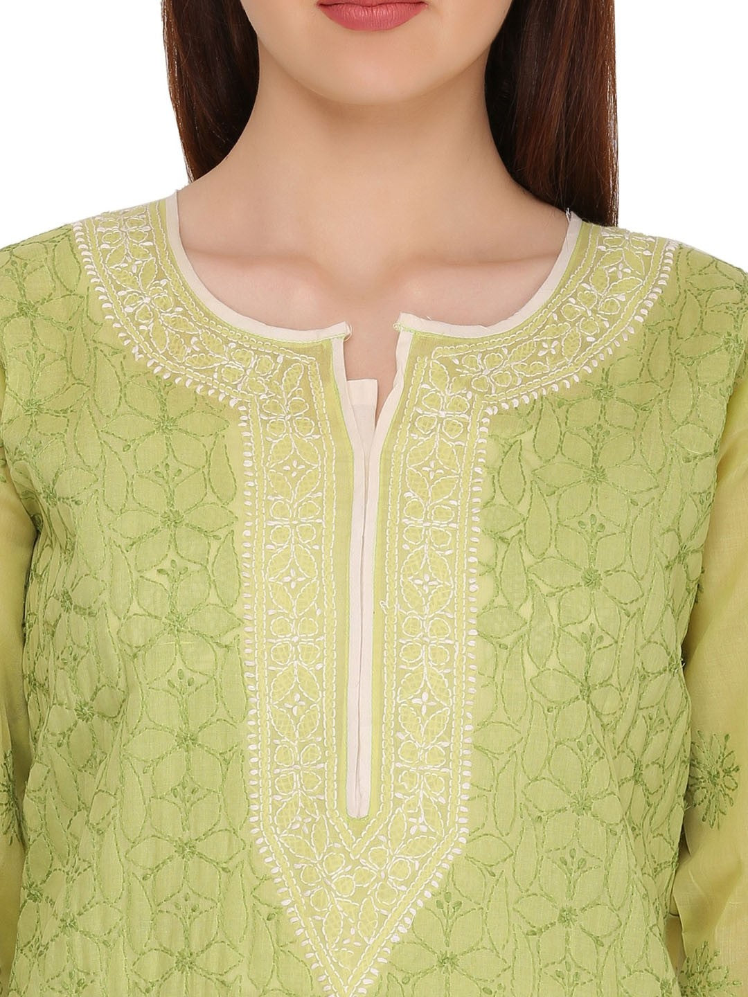 Ada Hand Embroidered Green Cotton Lucknow Chikan Straight Kurta- A282739