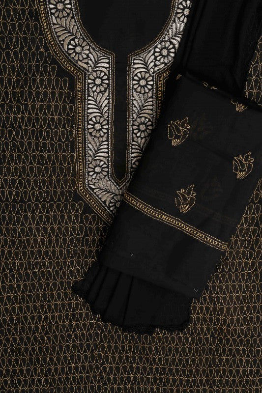 Ada Hand Embroidered Black Cotton Lucknowi Chikan Unstitched Suit Piece A100183