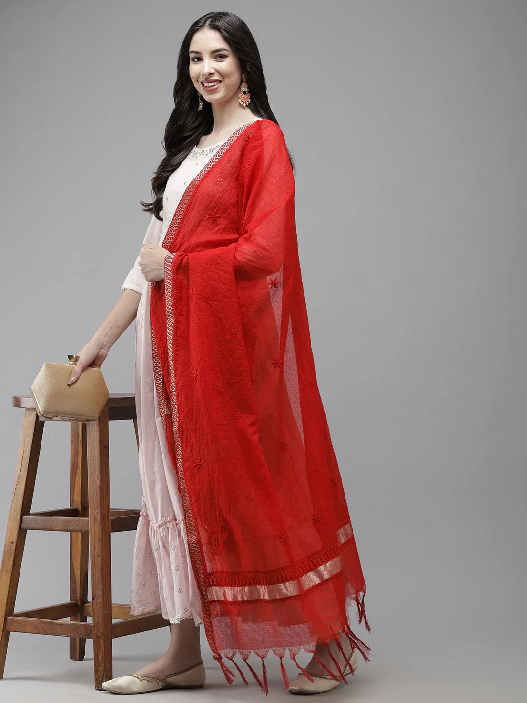 Ada Hand Embroidered Red Kota Lucknowi Chikankari Dupatta -A511207