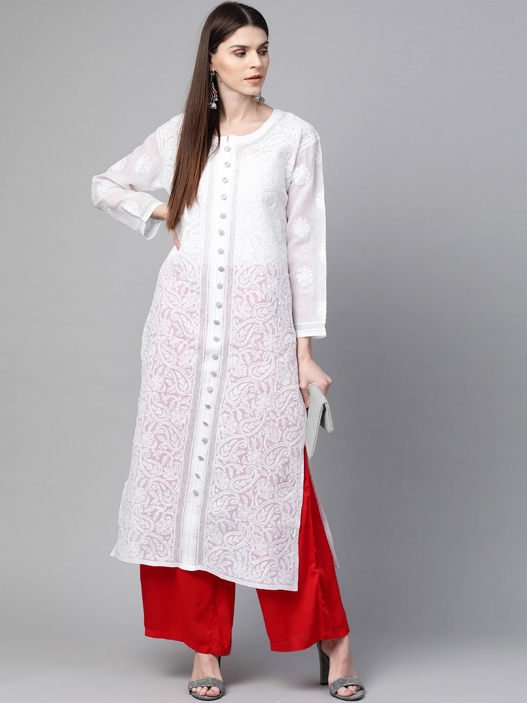 Ada Hand Embroidered White Cotton Lucknowi Chikankari Straight Kurta With Zari Work A345926