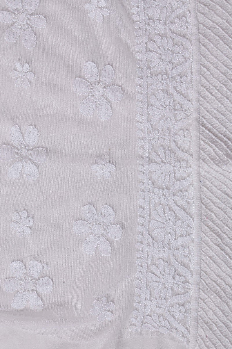 Ada Hand Embroidered White Net Chikan Semi-Stitched Anarkali Kurta Dupatta Set With Pearl Work A476419