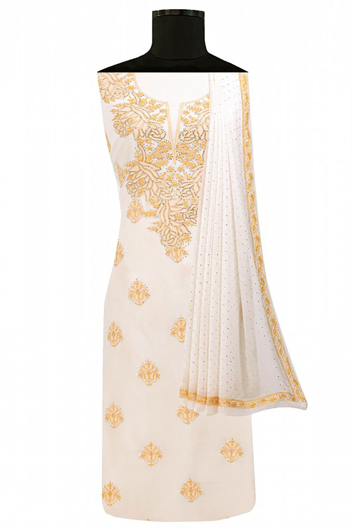 Ada Hand Embroidered White Pure Georegtte Lucknowi Chikankari Unstitched Kurta Dupatta set With Muqaish Work A449855