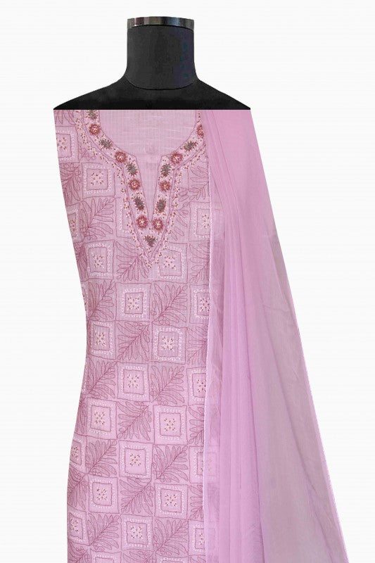 Ada Hand Embroidered Lavender Cotton Lucknowi Chikan Unstitched Suit Piece With Pearl & Sequinned Work -A461847