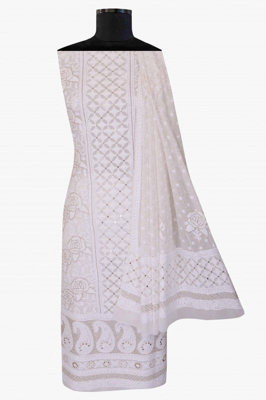 Ada Hand Embroidered White Pure Georgette Lucknowi Chikankari Unstitched Kurta Dupatta Set With Muqaish Work 01A124386