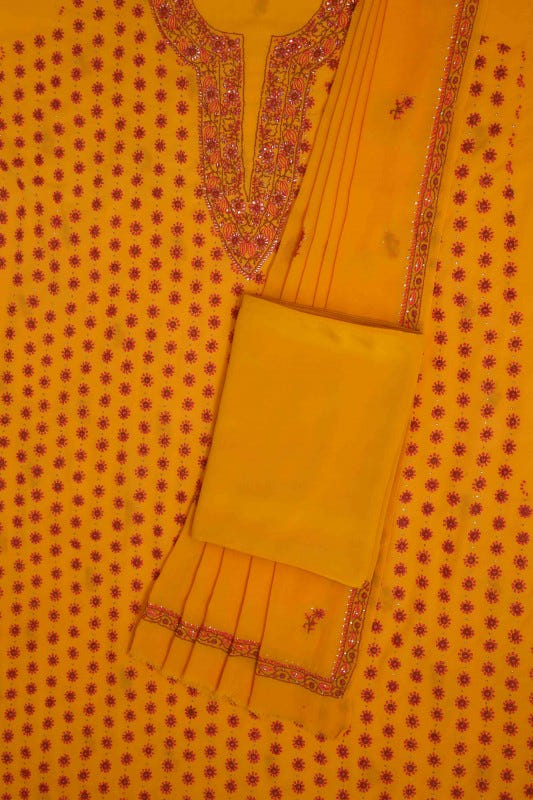 Ada Hand Embroidered Mustard Pure Georgette Lucknowi Chikan Unstitched Suit Piece with Muqaish Work A94468