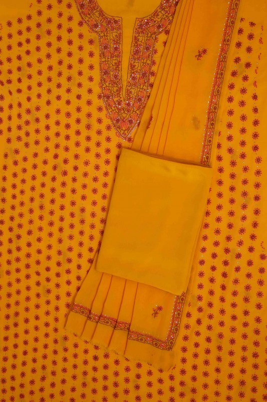 Ada Hand Embroidered Mustard Pure Georgette Lucknowi Chikan Unstitched Suit Piece with Muqaish Work A94468