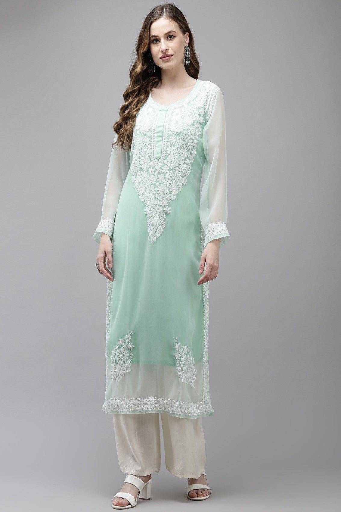 Ada Hand Embroidered Sea Green Georgette Lucknow Chikan Straight Kurta with Slip A411363