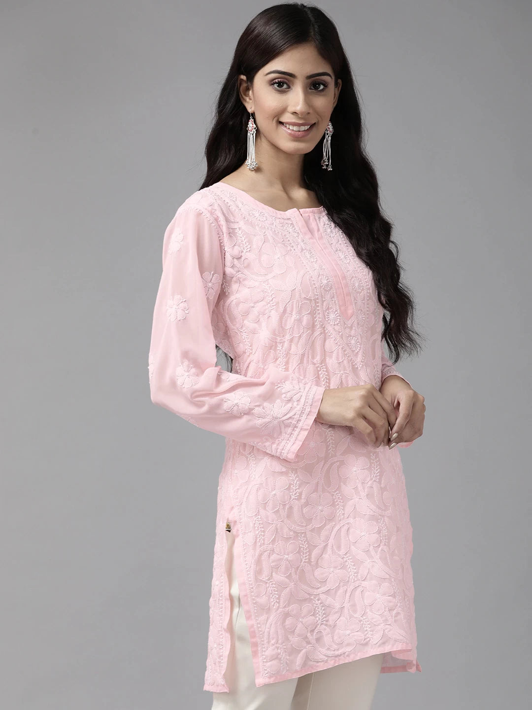 Ada Hand Embroidered Pink Georgette Lucknow Chikan Kurti A911128