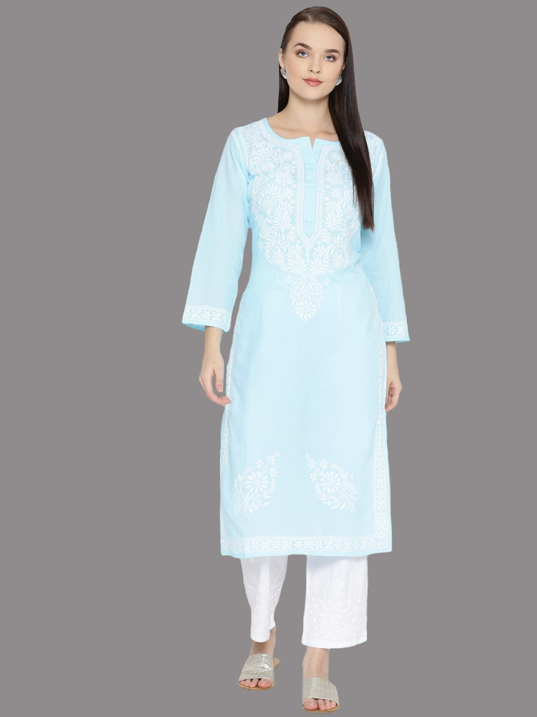 Ada Hand Embroidered Blue/White Cotton Lucknowi Chikankari Kurta Set A100126