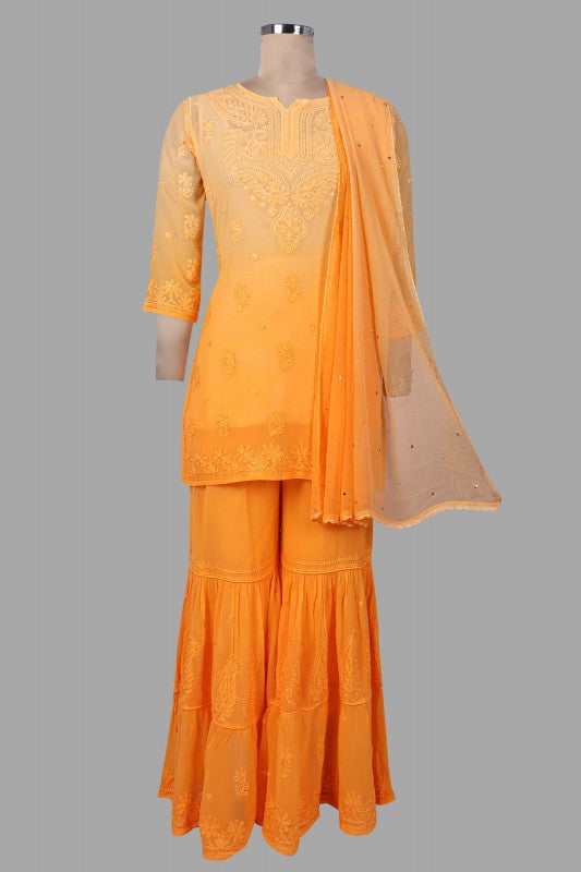 Ada Hand Embroidered Yellow Georgette Lucknowi Chikankari Kurta Dupatta With Plazo Set 01A119003
