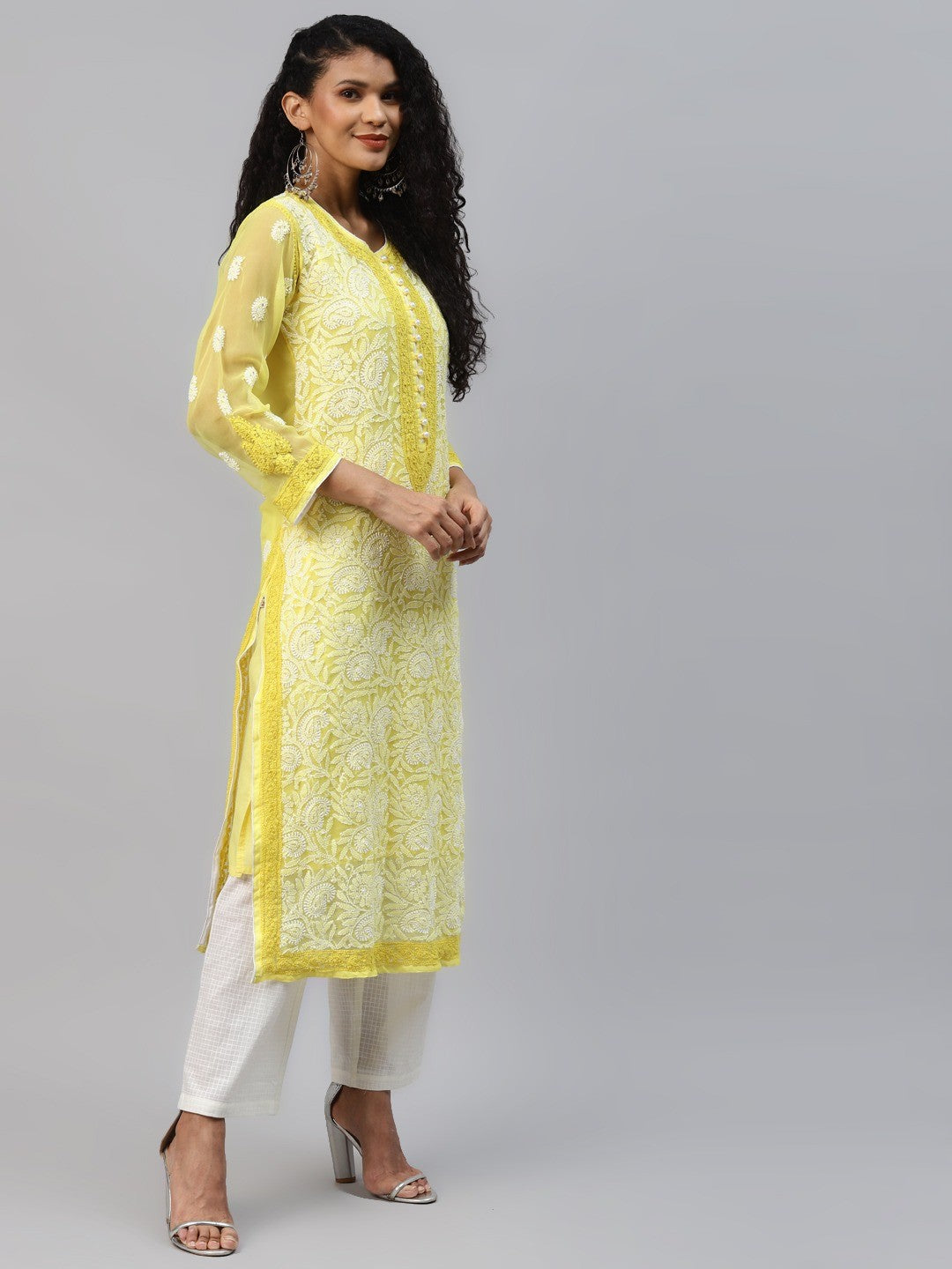 Ada Hand Embroidered Yellow Georgette Lucknow Chikankari Kurta with Slip A223986