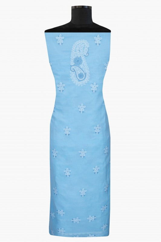 Ada Hand Embroidered Blue Cotton Lucknowi Chikan Unstitched Suit Piece-A100303