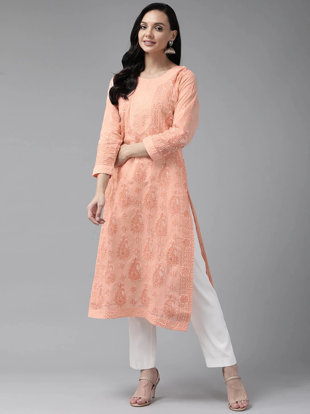 Ada Hand Embroidered Peach Cotton Lucknow Chikankari Straight Kurta A233843