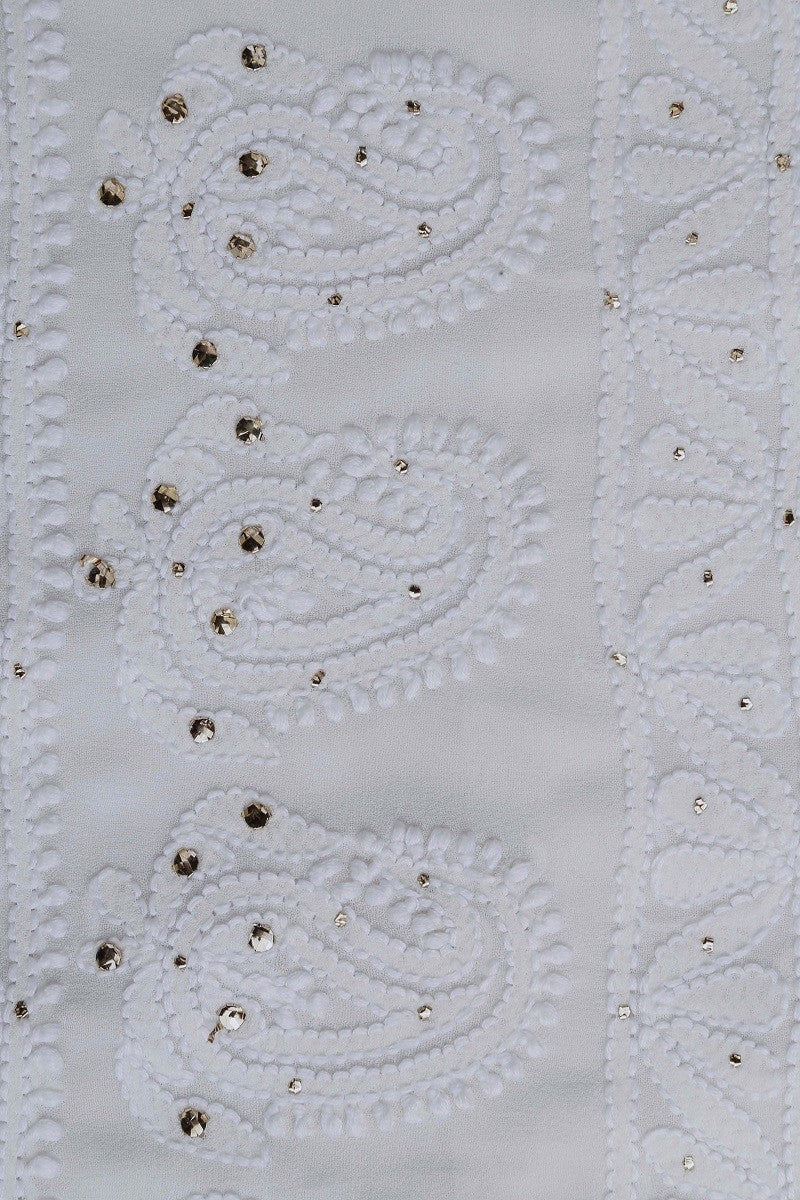 Ada Hand Embroidered White Pure Georgette Chikan Unstitched Kurta Dupatta Set- A589417