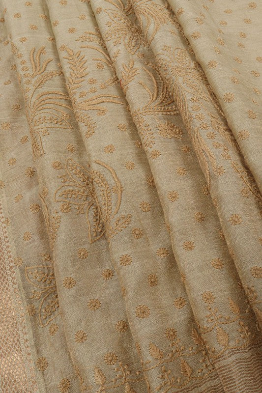 Ada Hand Embroidered Light Olive Green Tissue Lucknowi Chikankari Saree With Blouse A615158
