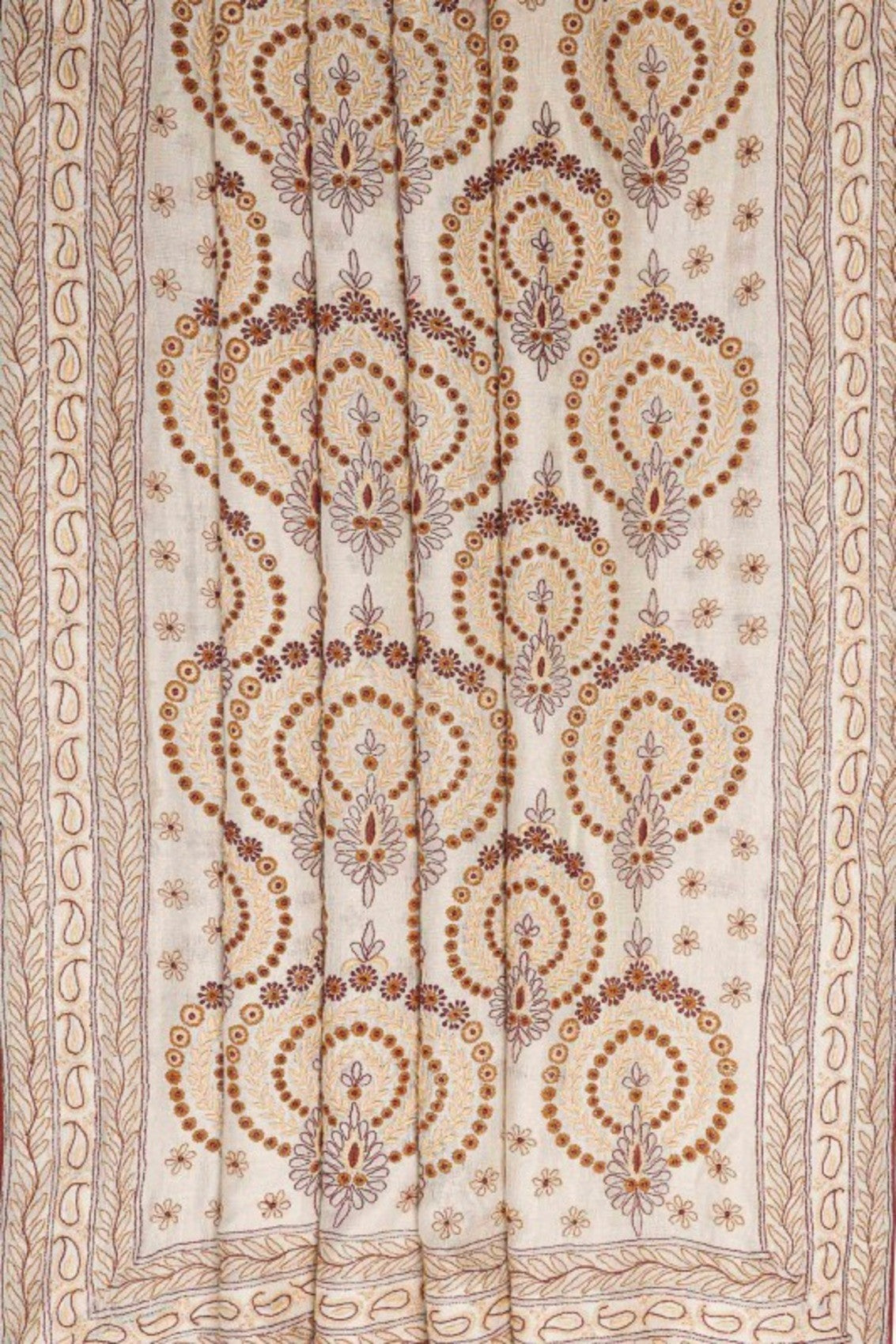 Ada Hand Embroidered Cream Chanderi Lucknowi Chikankari Saree With Blouse A74579