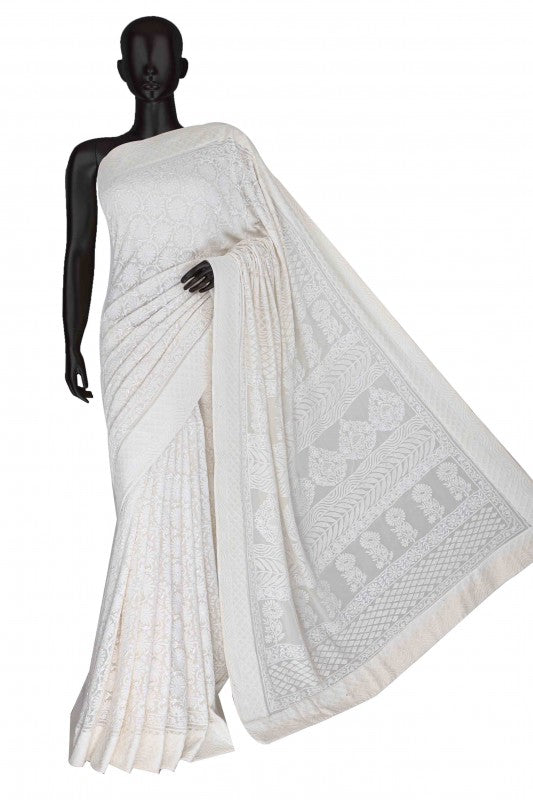 Ada Hand Embroidered Smoky White Pure Georgette Lucknowi Chikankari Saree with Blouse A593631