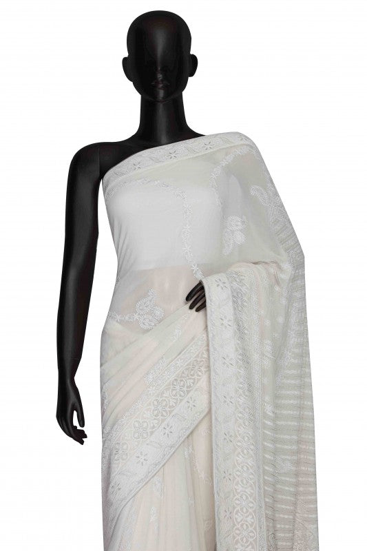 Ada Hand Embroidered White Pure Georgette Lucknowi Chikankari Saree with Blouse A456834