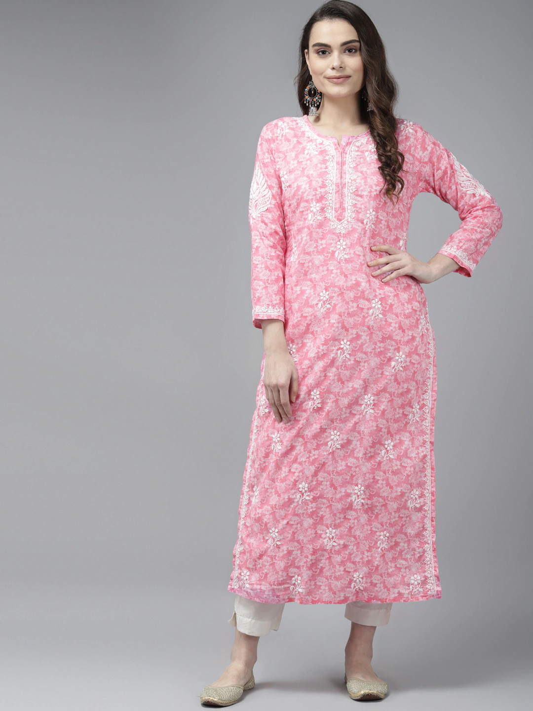 Ada Hand Embroidered Pink Cotton Lucknowi Chikankari Straight Kurta A411381