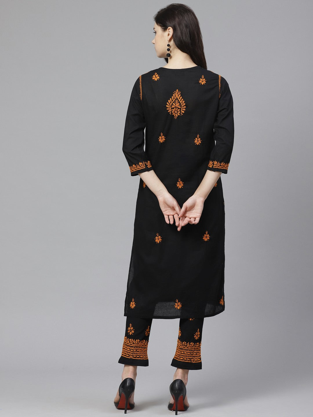 Ada Hand Embroidered Black Cotton Lucknowi Chikankari Kurta with Trouser Set A100553