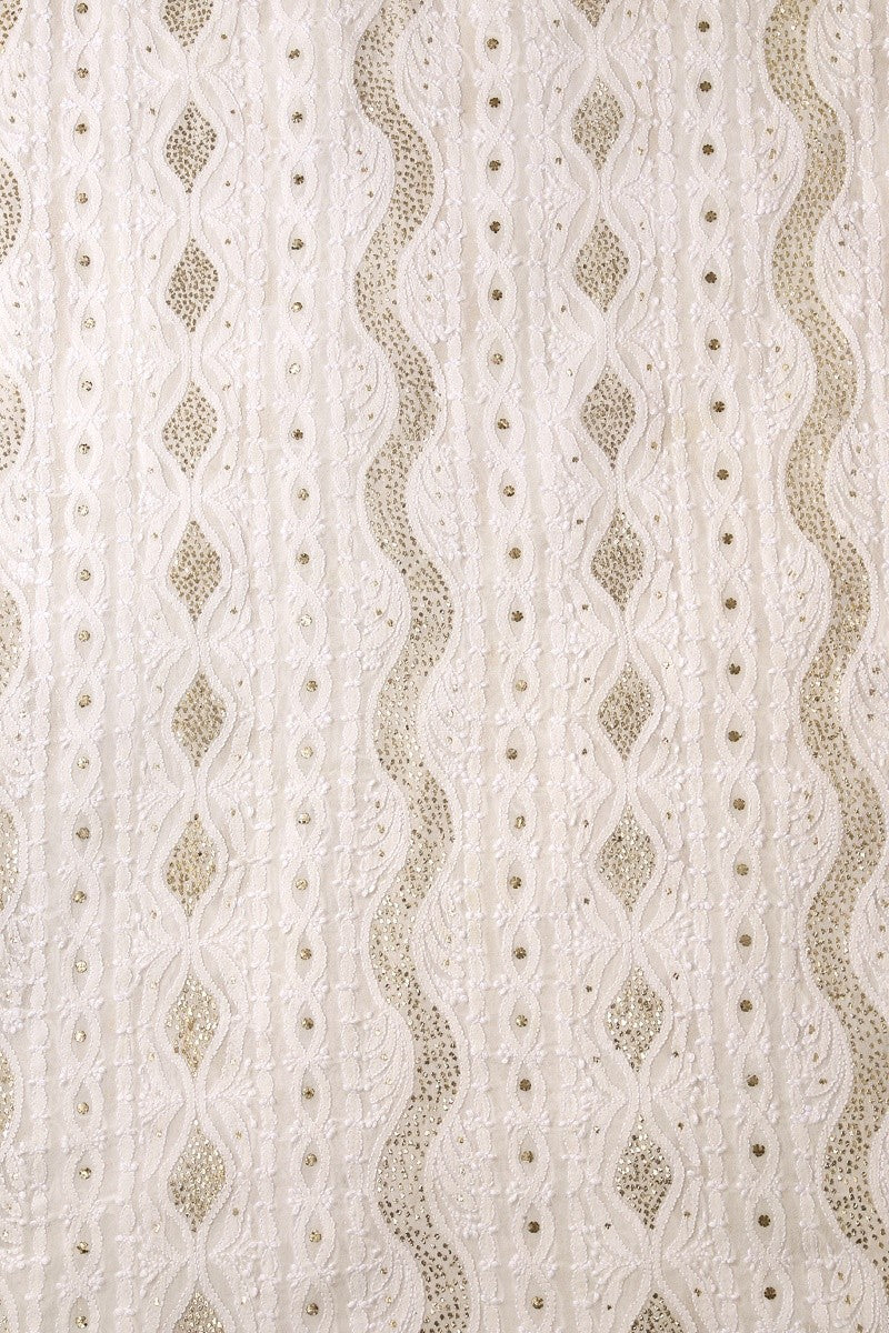 Ada Hand Embroidered White Pure Georgette Lucknowi Chikan Unstitched Men's Kurta Piece With Muqaish Work-A604624