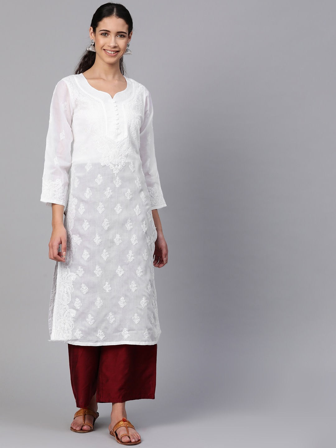 Ada Hand Embroidered White Cotton Lucknowi Chikankari Straight Kurta A100356