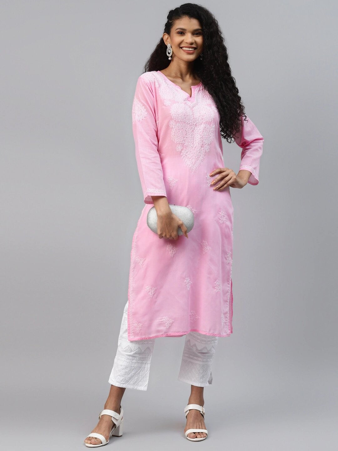 Ada Hand Embroidered Baby Pink Cotton Lucknowi Chikankari Kurta A302192