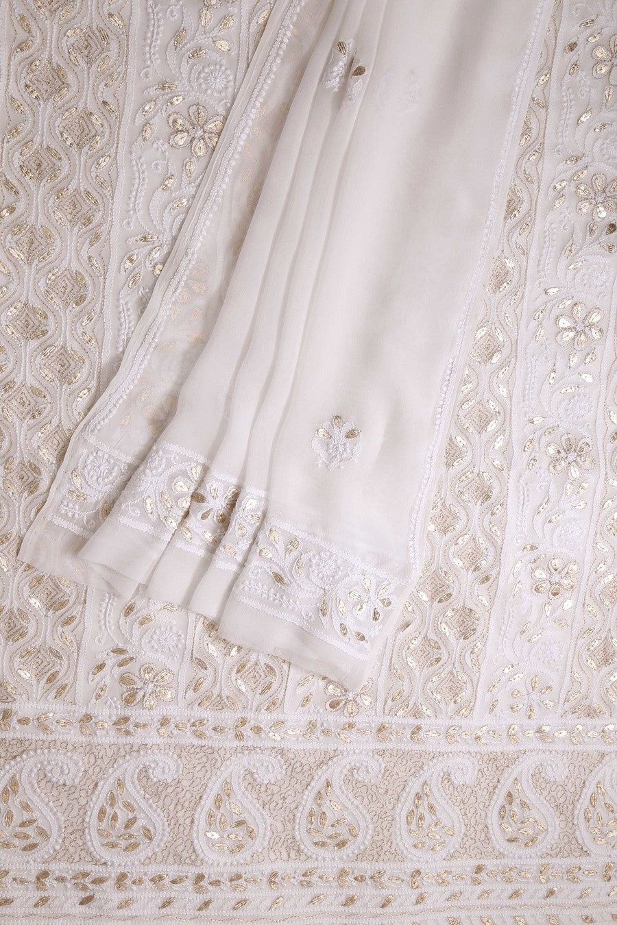 Ada Hand Embroidered White Georgette Lucknowi Chikan Unstitched Kurta Dupatta Set with Gota Patti Work A480887