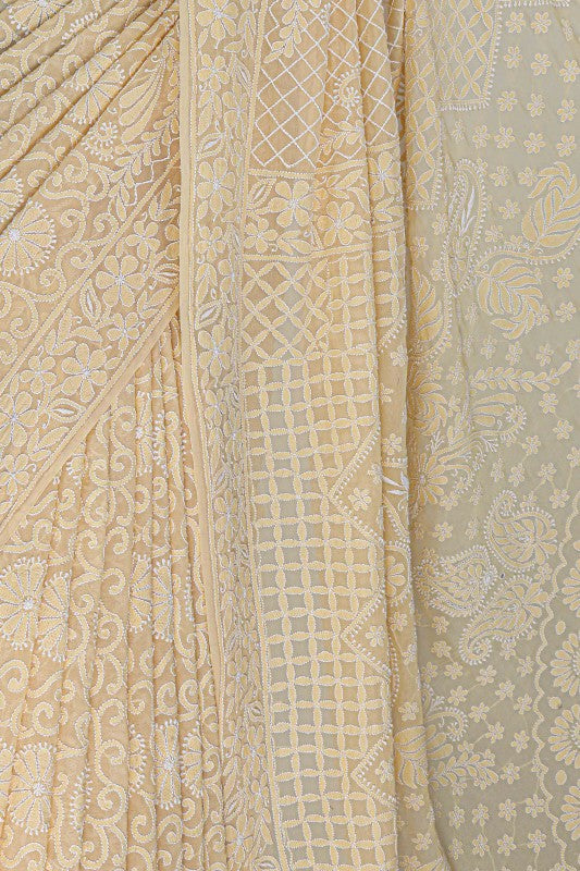 Ada Hand Embroidered Fawn Pure Georgette Lucknowi Chikankari Saree With Blouse- A425224